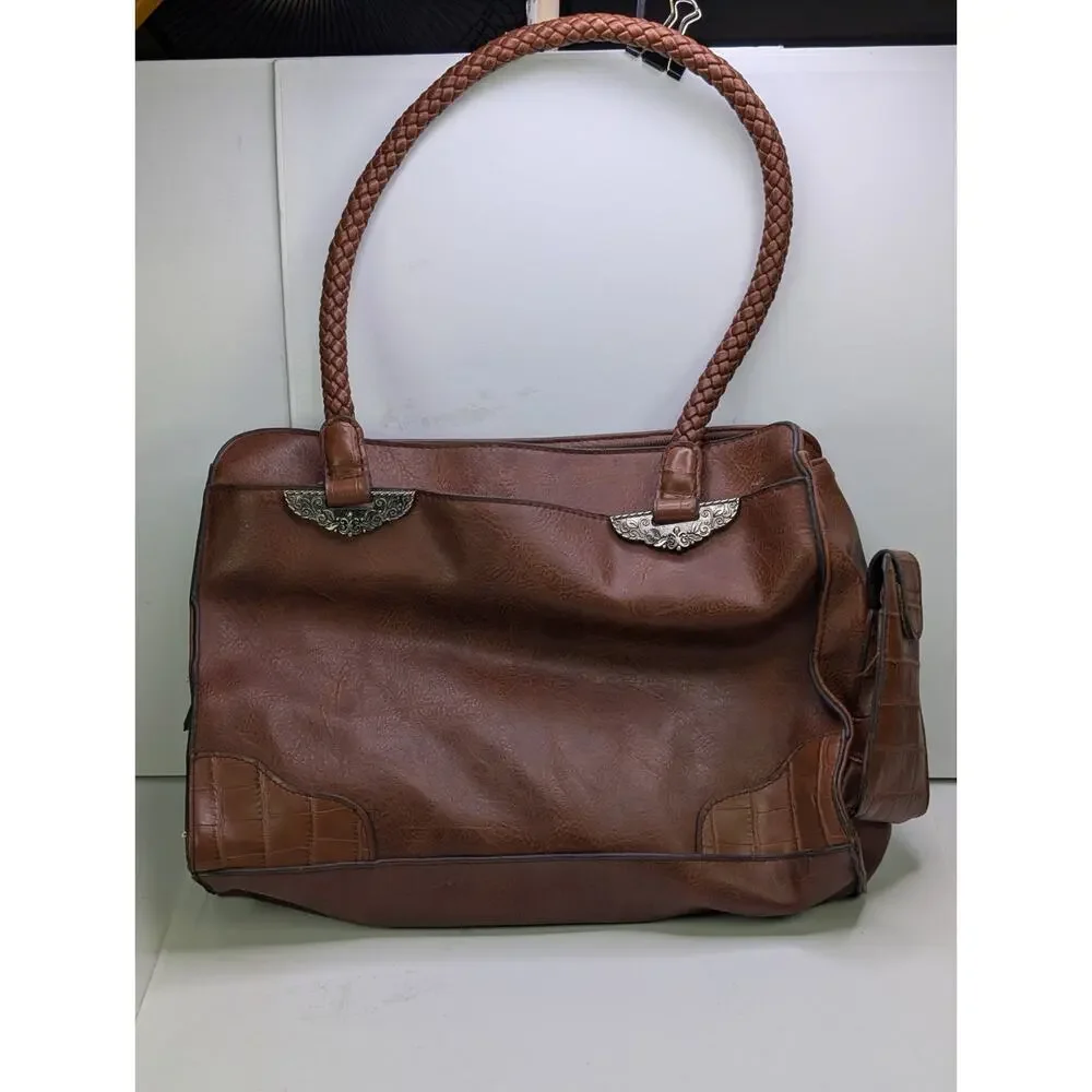 Bueno Brown Faux Leather Satchel Handbag Braided Handles Western Croc Trim